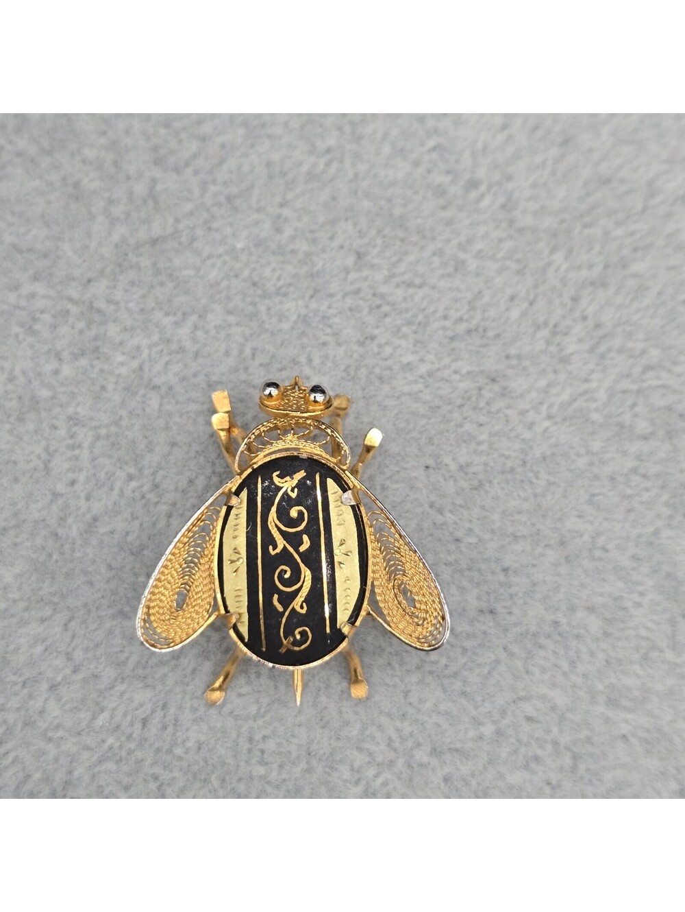 Vintage 1940s Spanish Damascene Fly Brooch Pin Toledo Gold Inlay Filigree Bug